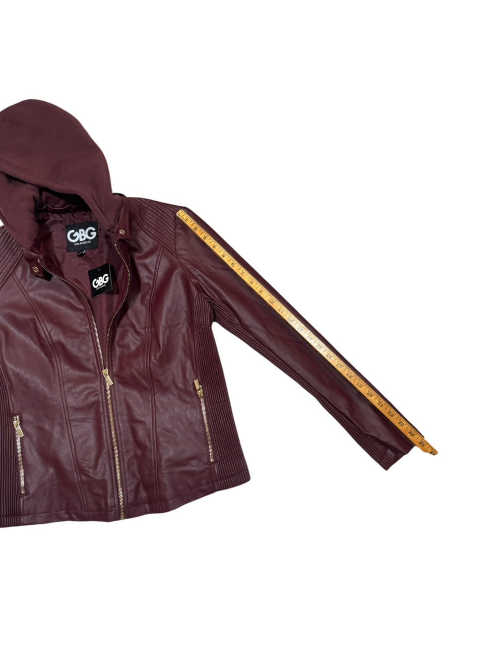 GBG Los Angeles NWT Faux Leather Hooded Moto Jacket Burgundy Women’s Large - Picture 5 of 12